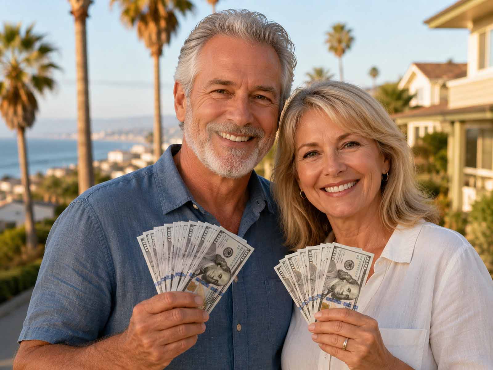 Happy couple holding cash after selling their coin collection in Southern California