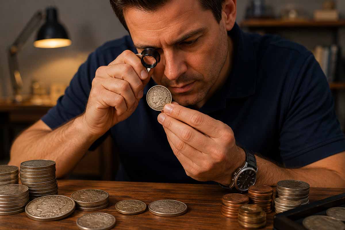 Coin appraiser examining coins under a loupe at a wooden table