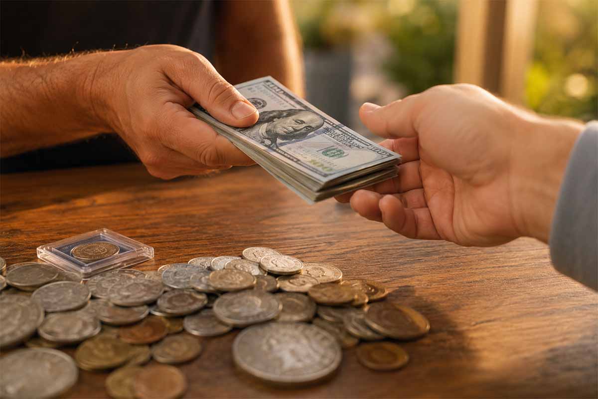 Hands exchanging cash for coins, completing a sale