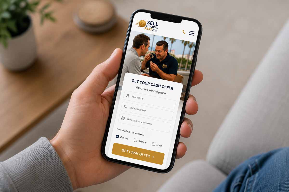 Person texting SellMyCoinsFast.com on a smartphone to request a coin appraisal